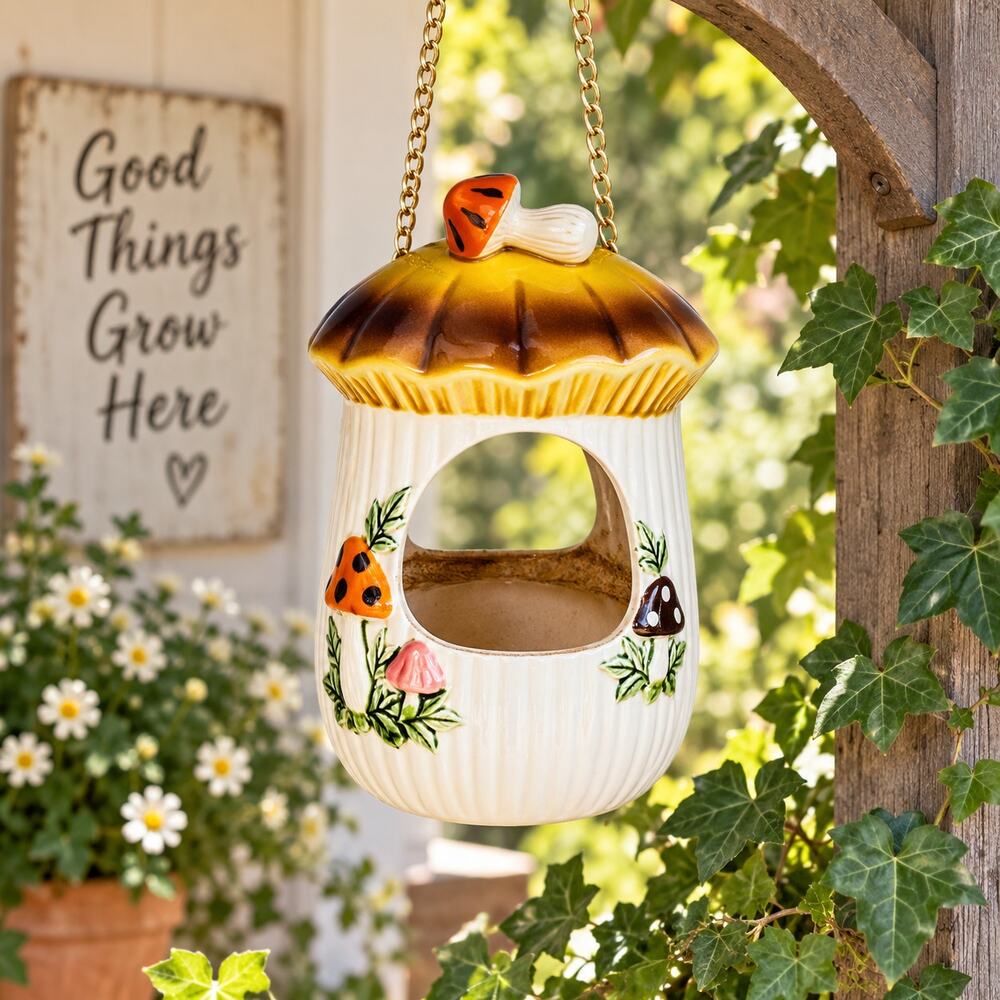 1977 Sears Merry Mushroom Hanging Planter Bird Feeder Japan w Chain